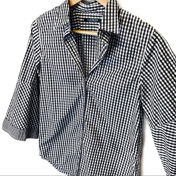 Ralph Lauren Black & White Gingham Bell Sleeve Top - Picture 2 of 10